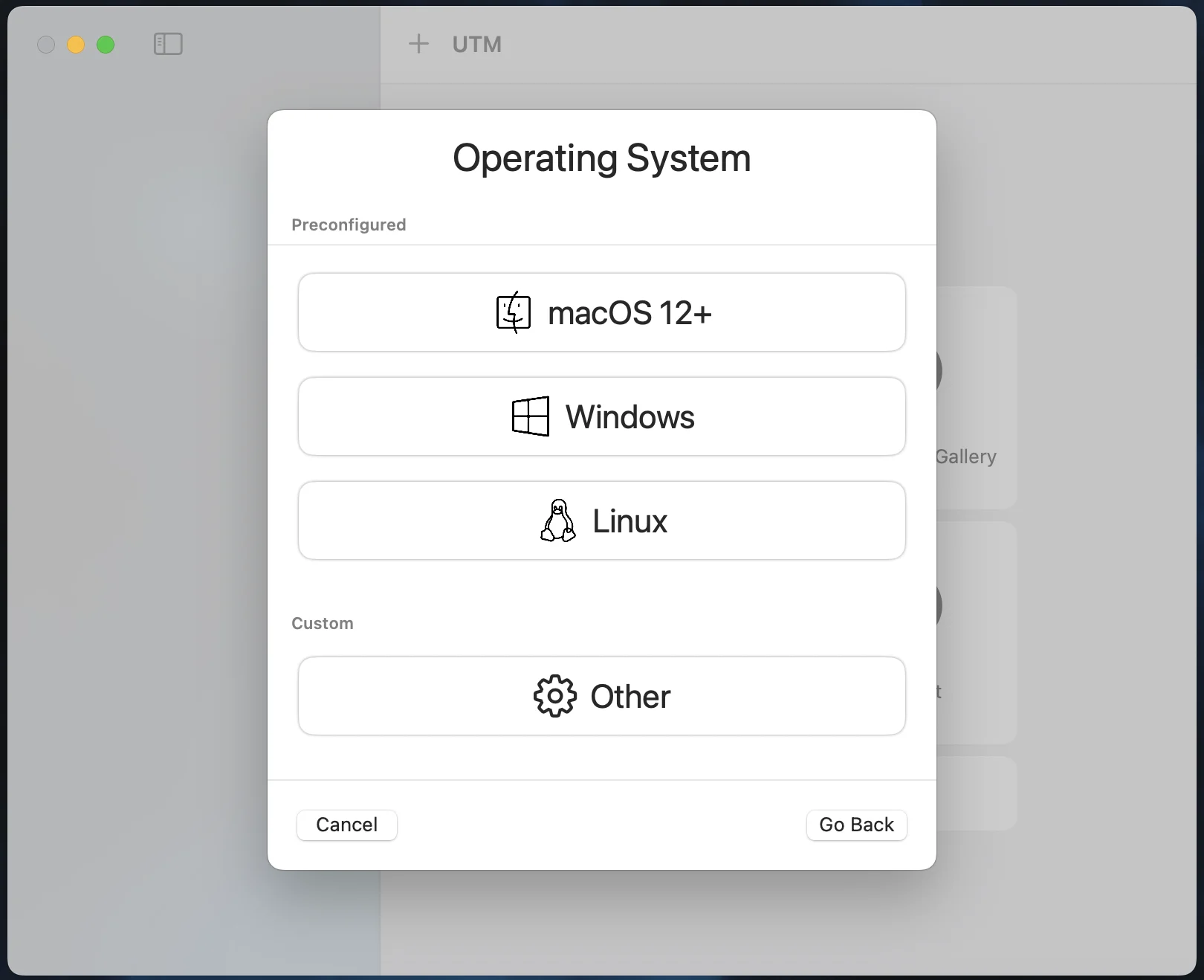 UTM Configuration OS selection between Windows, Linux and macOS