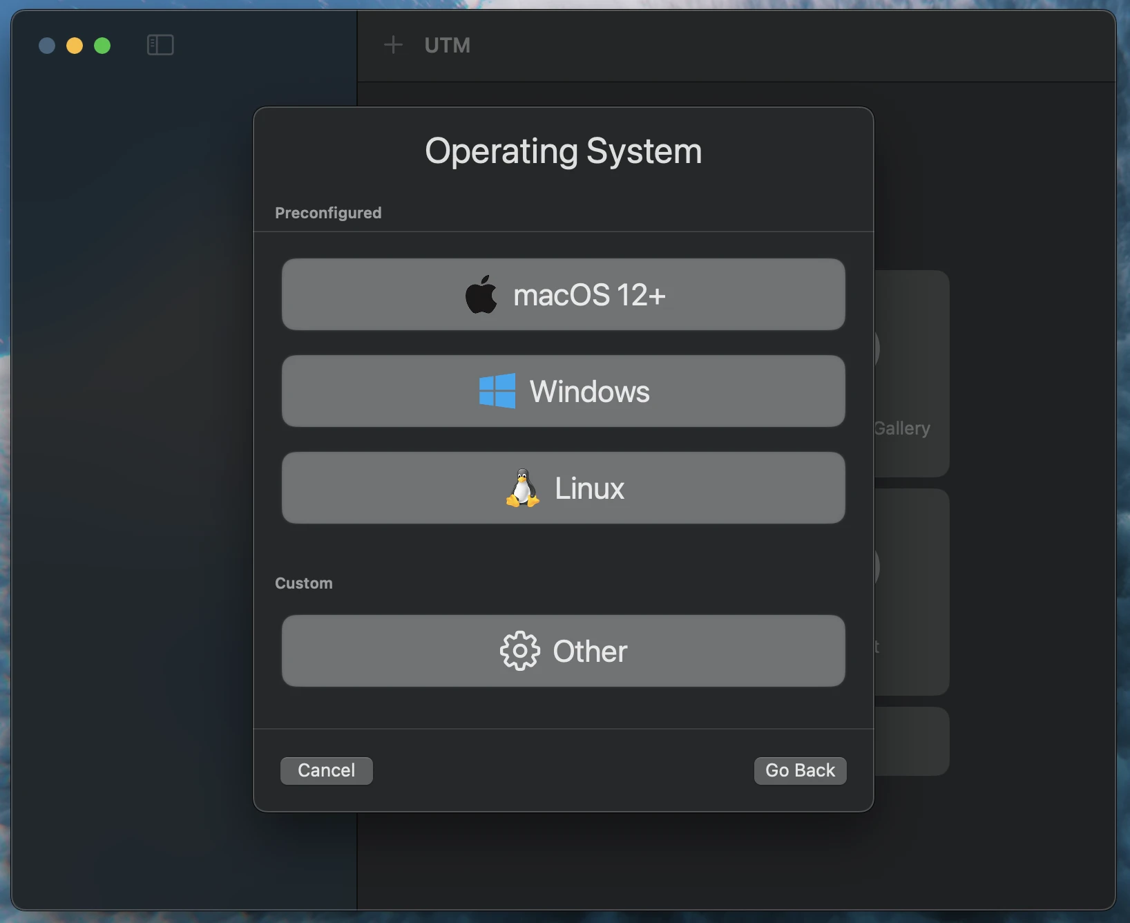 Linux 및 macOS 간의 UTM 구성 OS 선택 Linux 및 macOS 간의 UTM 구성 OS 선택