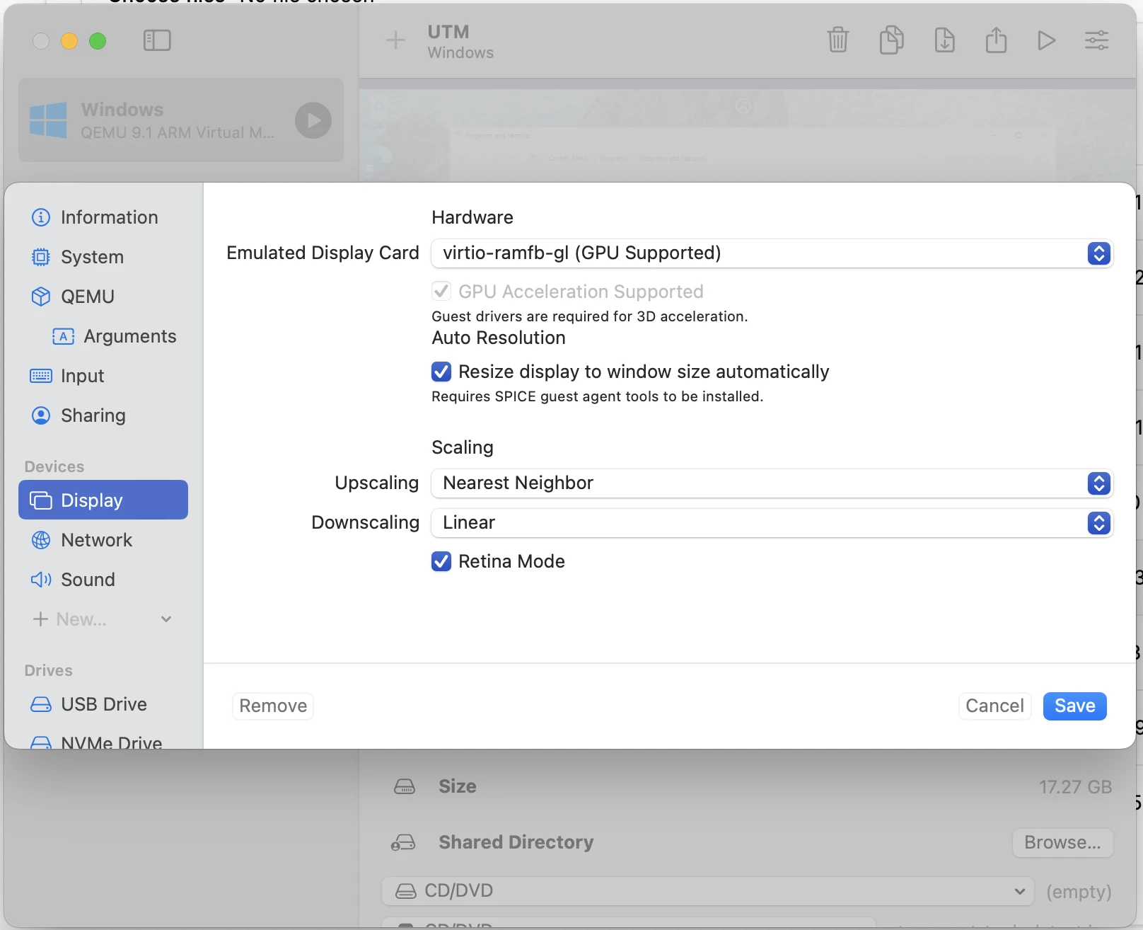 用于启用 Retina 模式的 UTM 显示设置 用于启用 Retina 模式的 UTM 显示设置