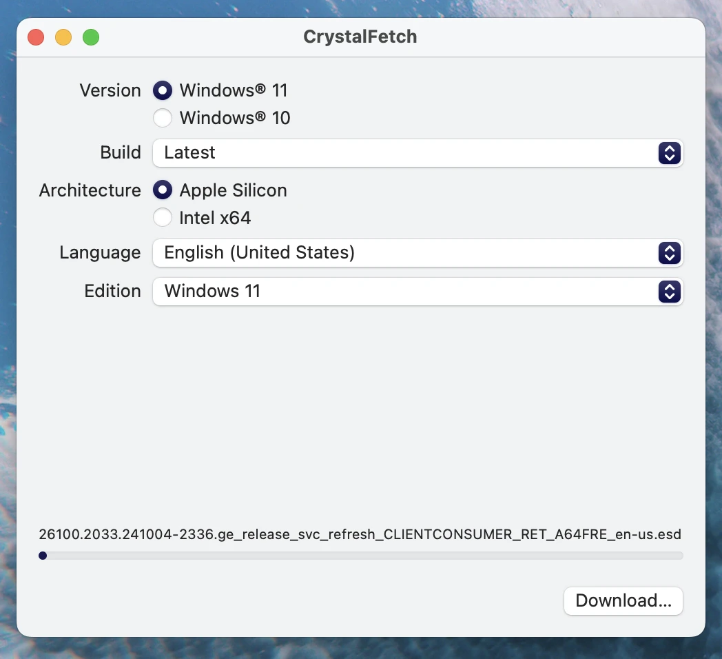 Windows 11 的 CrystalFetch 应用程序设置 Windows 11 的 CrystalFetch 应用程序设置
